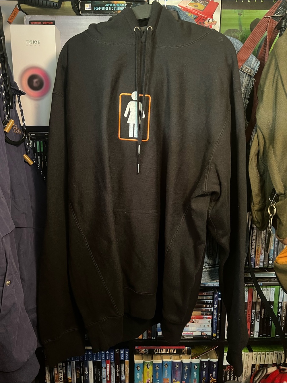 Girls Skateboarding Black Hoodie with Orange-Trim Icon - Men’s Casual Pullover